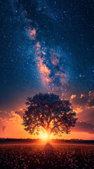 Wall Mural - silhouette of tree with natural landscape and milky way galaxy