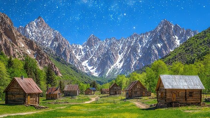 Poster -   A stunning depiction of a mountain range with cozy cabins in the foreground and a backdrop of glistening stars above