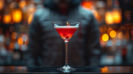 A vibrant cocktail garnished with a cherry served at a lively bar with blurred background lights in the evening