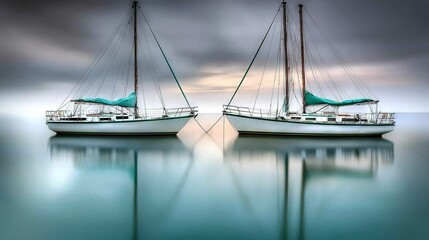 Wall Mural -   A pair of boats bobbing on a vast expanse of water amidst grey clouds