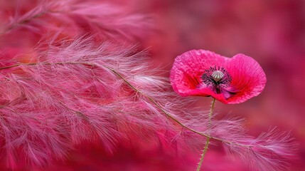 Poster -   A close-up of a pink flower on a branch with a pink background of flowers and leaves in the foreground