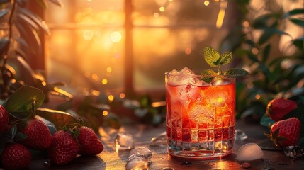 Wall Mural - Delicious cocktail with strawberries and mint set against a sunset view through a window in a cozy setting