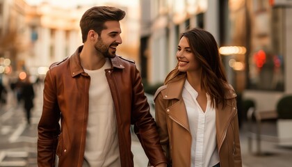 Smiling couple, city center walk, holding hands, Valentine's Day, brown leather coat, white shirt, warm tone, romantic mood, blurred background, copy space.