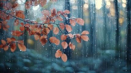 Poster -   Close-up of a tree branch with numerous leaves and water droplets, blurry background