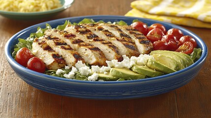   A bowl brimming with chicken, lettuce, tomatoes, avocado, and topped on a wooden table