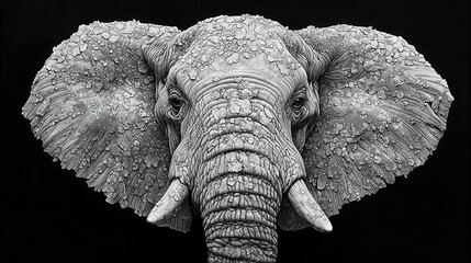 Wall Mural -   Black-and-white photo of elephant head with intricate skin pattern and prominent tusks