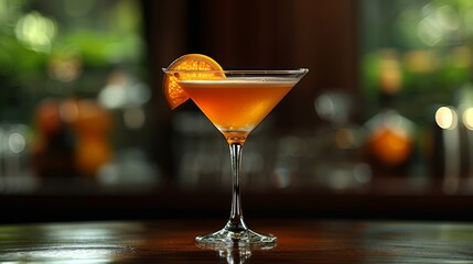 Wall Mural - Bright orange cocktail served in a classic martini glass on a wooden bar during an upscale evening gathering