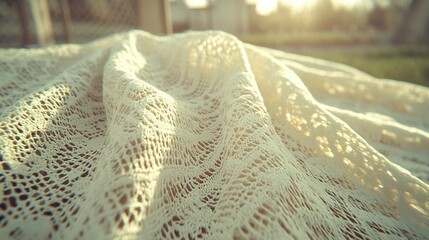 Wall Mural -   White crochet doily on tablecloth, close-up Building in background