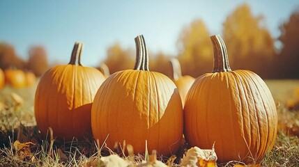 Poster -   Three pumpkins atop a green field adjacent to golden flowers