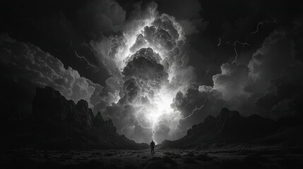 Wall Mural -  A monochrome image depicts a person standing amidst a field, with lightning illuminating the cloud overhead