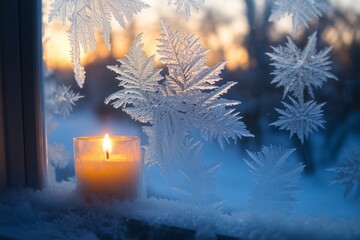 Poster - Candlelit warmth inside a frosty window at sunset, showcasing delicate ice crystals and a serene winter atmosphere