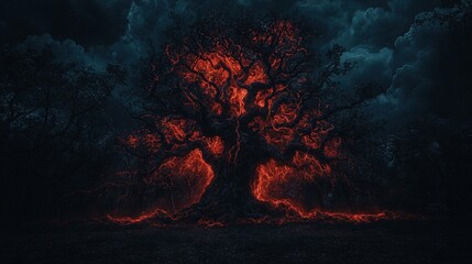 Wall Mural -   A towering tree ablaze with fiery red flames amidst a gloomy forest