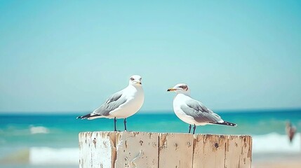   Two seagulls perched atop a wooden post against an oceanic backdrop with clear blue sky above