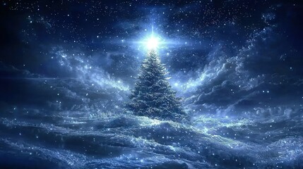 Sticker -   A Christmas tree in a starry night sky, with a brilliant light emanating from its peak