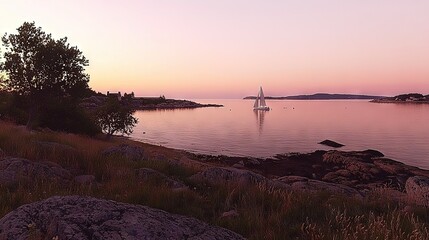 Wall Mural -   A vast expanse of water featuring a distant sailboat and lush foliage on the opposite bank