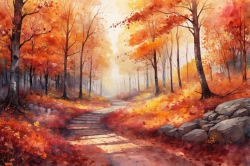 Poster - autumn forest pathway with vibrant fall colors
