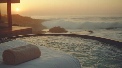 Canvas Print -  A sunset-lit beachfront hot tub surrounded by a body of water