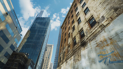 Wall Mural - A juxtaposition of modern city skyscrapers and a rough industrial concrete wall, captured by an HD camera