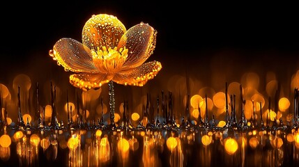 Wall Mural -   A large yellow flower, illuminated by yellow lights, stands out against a dark night sky