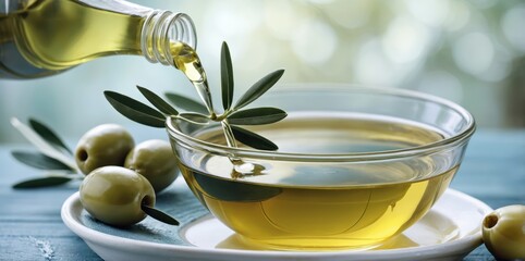 Wall Mural - olive oil being poured into a glass bowl with fresh olives
