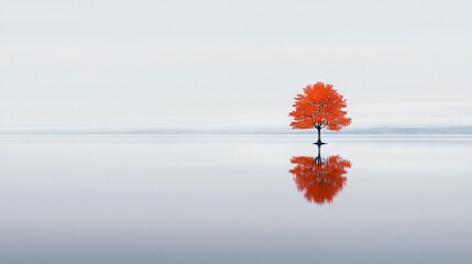 Sticker -   A solitary tree standing tall amidst a vast expanse of water, with an orange tree situated in the heart of it