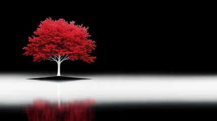 Canvas Print -   A red tree stands out against a monochrome backdrop, with its reflection mirrored on the water below