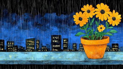 Wall Mural -   A painting of a potted plant with yellow flowers on a ledge against a cityscape backdrop