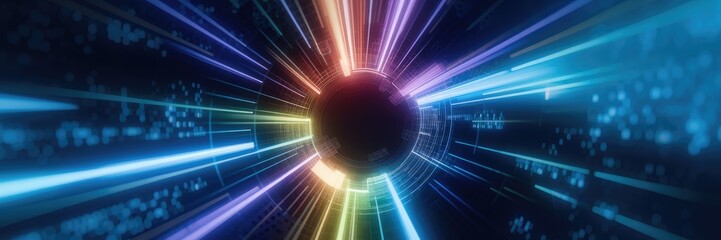 Wall Mural - Abstract multicolored radial zoom effect with blurred tunnel on dark backdrop. Dynamic light rays create a sense of speed and motion in a data flow tunnel.