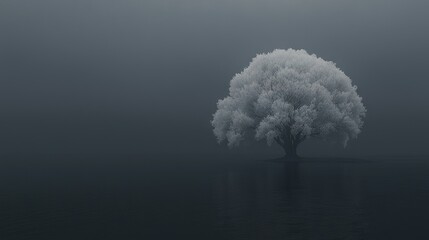 Sticker -   A solitary tree standing amidst a mirror-like body of water on a misty day, captured in monochrome