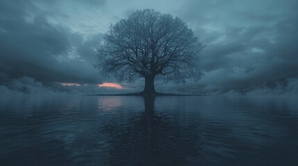 Canvas Print -   A solitary tree in a tranquil pond, surrounded by a backdrop of cloud-filled skies and a fiery orange sun on the horizon