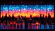 © kucindacat - an illustration of Bottles and glasses standing on bar with colorful bokeh lights in background