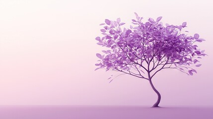 Wall Mural -   A purple tree with many leaves stands tall in the center of a barren landscape, framed by a soft pink sky