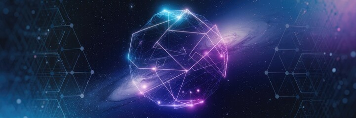 Wall Mural - futuristic abstract glowing neon sphere composed of lines and dots in a cosmic backdrop. contemporar