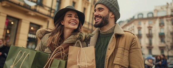 Smiling couple, shopping bags in the city, Fujifilm style, Sony Alpha, boho chic, beige and green tones.