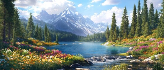 Poster - Majestic Mountain Peak Reflecting in Tranquil Lake Surrounded by Vibrant Wildflowers