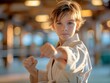 © pavlofox - Young martial artist practicing karate stance indoors during a training session in bright lighting