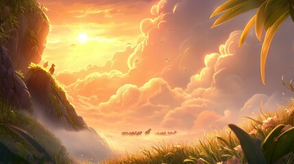 Wall Mural -  Sunset with Birds, Flowers, and Clouds