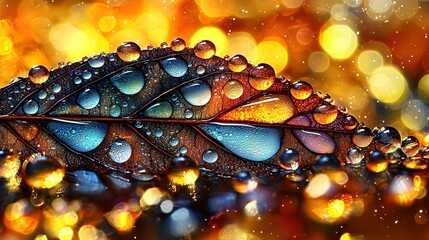  A macro shot of a water droplet on a leaf with a bouquet of light behind it