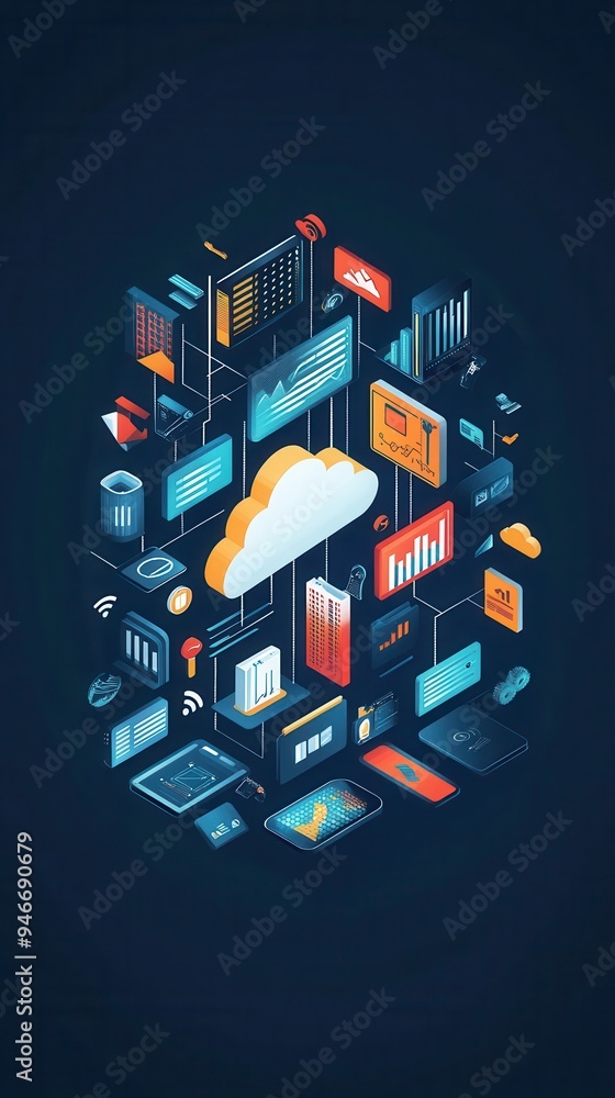 This illustration showcases a vibrant vector design of a cloud storage ...