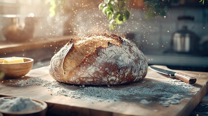 Wall Mural -   A loaf of bread atop wooden cutting board, alongside butter bowl and knife