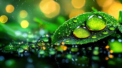 Sticker -   A zoomed-in shot of a green leaf with water droplets and a hazy background of light sources