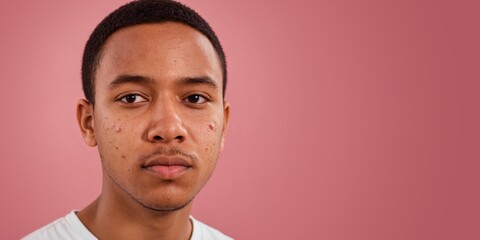 Close up photo of young african american man worried about skin problems. Suffering from the skin disease, acne scars, rosacea in the acute stage. Wide banner with copy space, simple pink background.