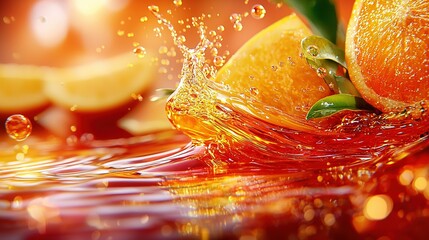 Wall Mural -   A close-up of an orange with water splashing from it onto a red surface, surrounded by other oranges