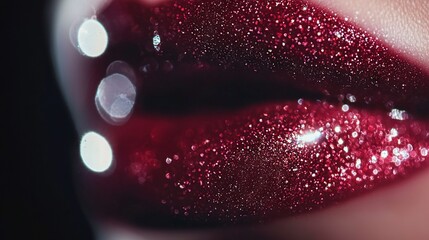   A close-up of a person's red glittery lips with a liquid on their tip