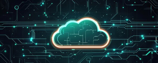 Poster - A simple vector illustration of cloud technology, with glowing light lines and a blue-green color scheme on a dark background Generative AI