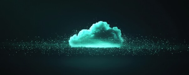 Abstract cloud technology background with a glowing digital line grid and light blue color, illustration of a modern, futuristic online storage concept in dark green colors on black Generative AI
