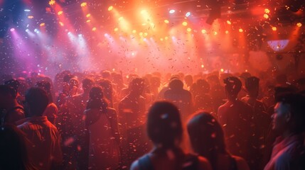 Wall Mural - A lively dance party with colorful lights and confetti in a packed venue filled with people celebrating together