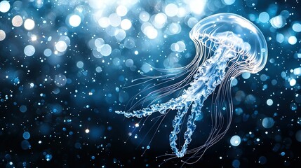   Close-up of jellyfish in water against dark blue backdrop with subtle bokeh lighting