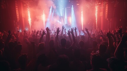 Wall Mural - An energetic concert crowd with hands raised and vibrant lights at a lively music venue during a nighttime performance