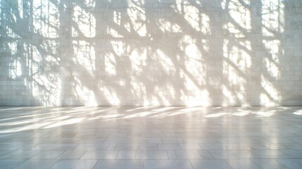 Canvas Print -  A tree's shadow is projected onto a white-tiled floor and wall in a room